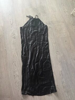Babaton long Black Satin Slip Dress with Thin Straps